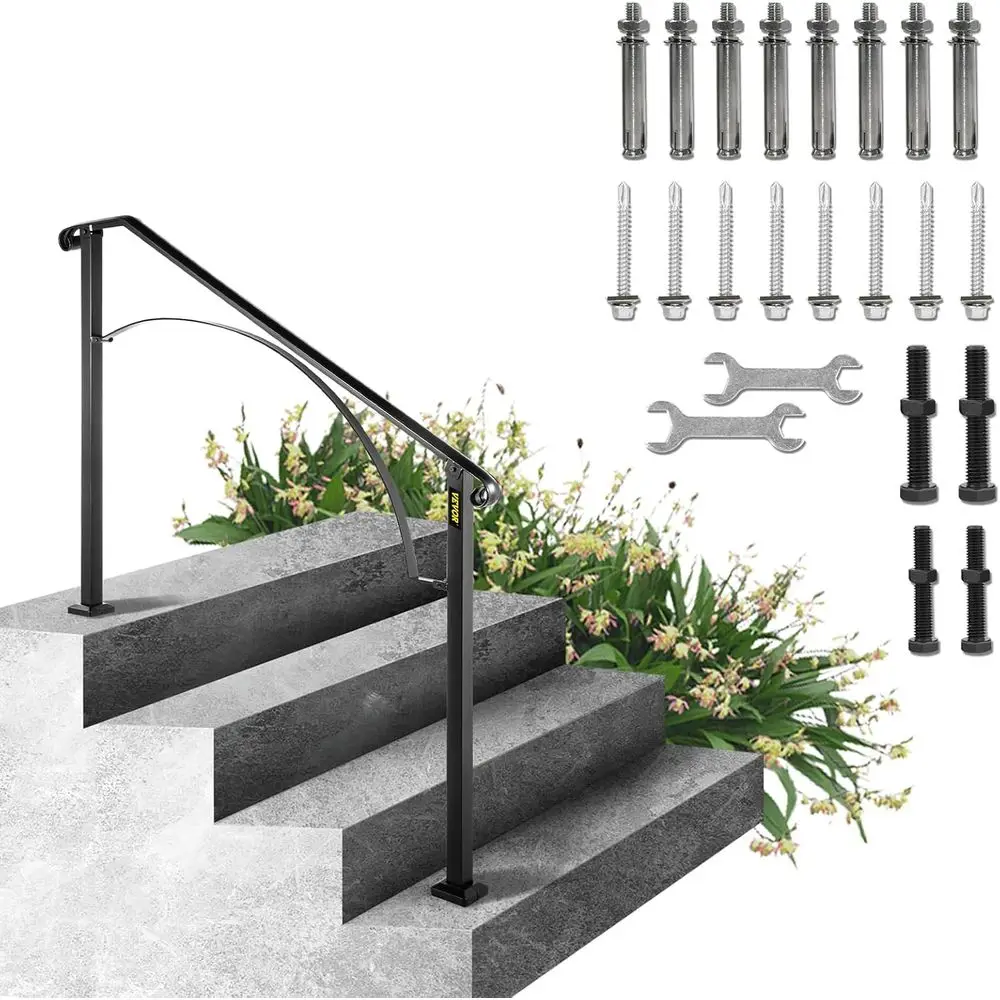 4 Steps Arch#2 Adjustable Wrought Iron Staircase Handrail, Thickened Railings for Porch & Deck