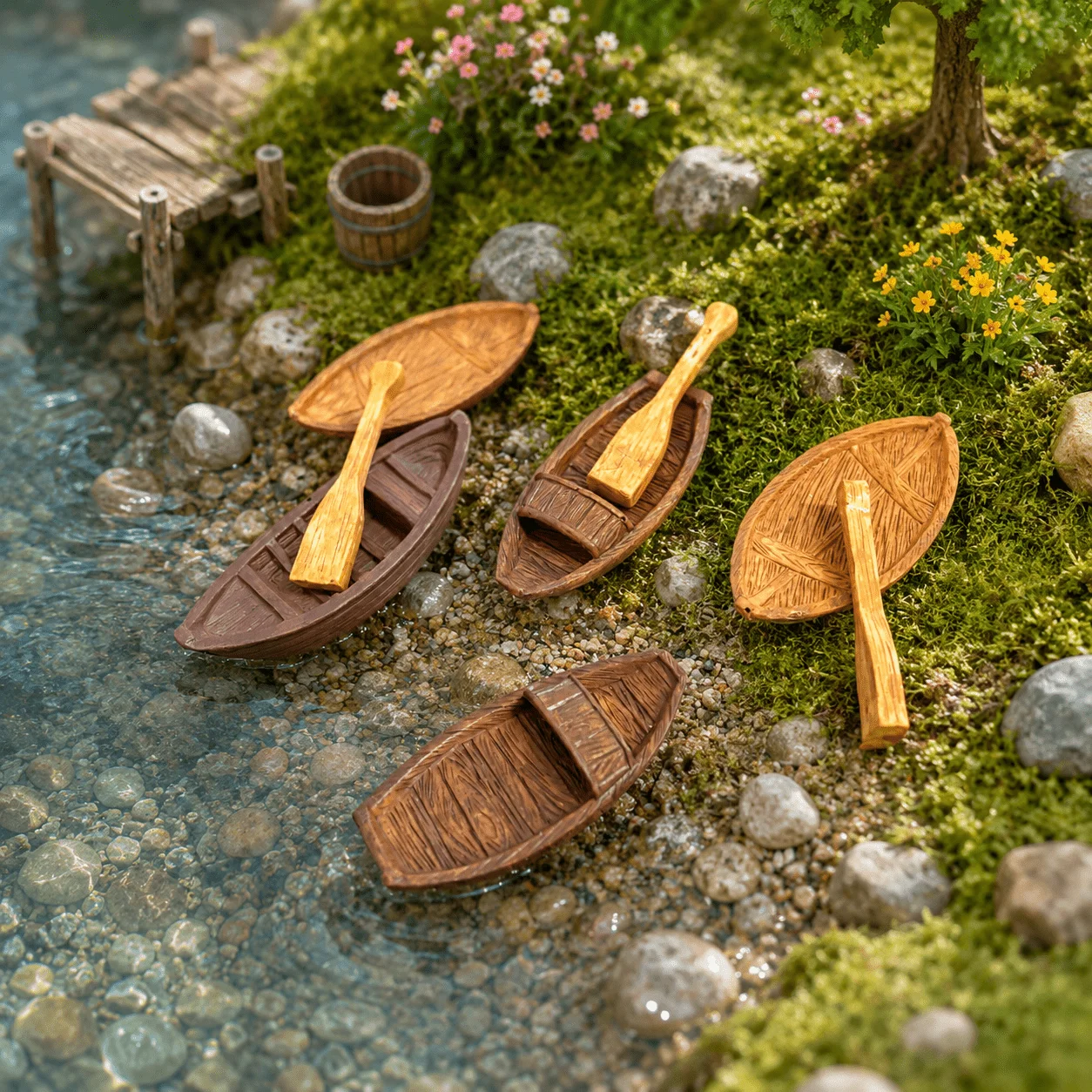 8pcs/set Miniature Wooden Boats and Oars, 5pcs Random Style Mini Rowboat Models with 3pcs Oars for Lake, River, Pond, Diorama
