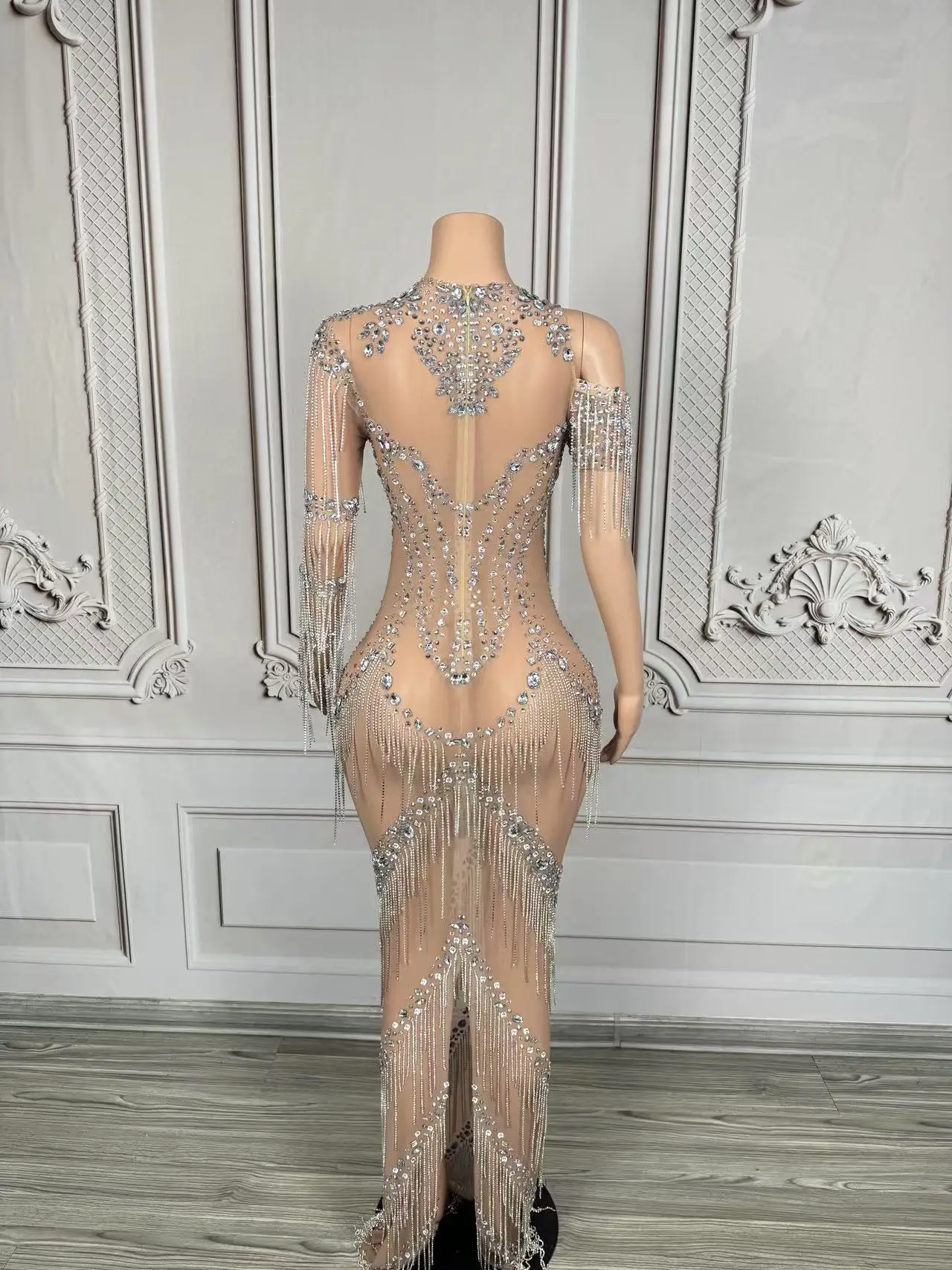 Nachtclub Tänzerin Kleidung Party Rave Outfit Abendkleid Silberkette Fransen Mesh Durchsichtig Sexy Drag Queen Kostüm