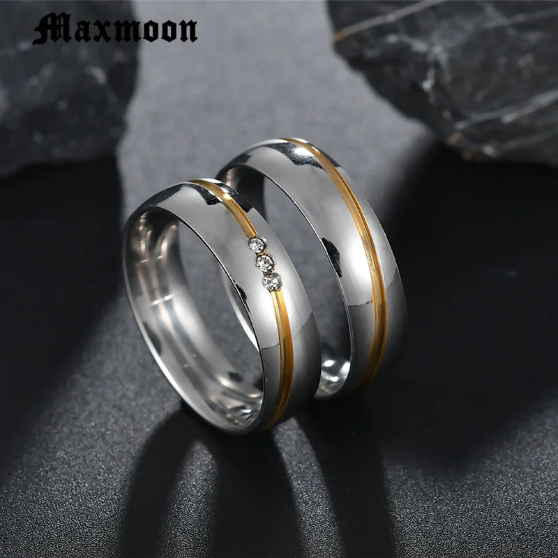 Maxmoon  2019 New  Gold color Stainless Steel Wedding Bands Shiny Crystal Ring for Female Male Jewelry 6mm Engagement Ring