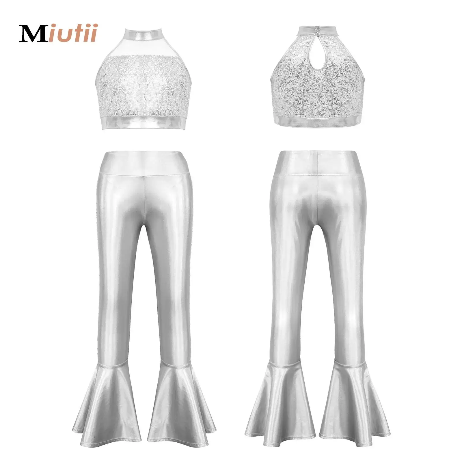 

Kids Girls Sequins Modern Jazz Latin Ballet Dance Competition Costume Halter Shiny Ballet Dance Dress Disco Hippie Clothes Set