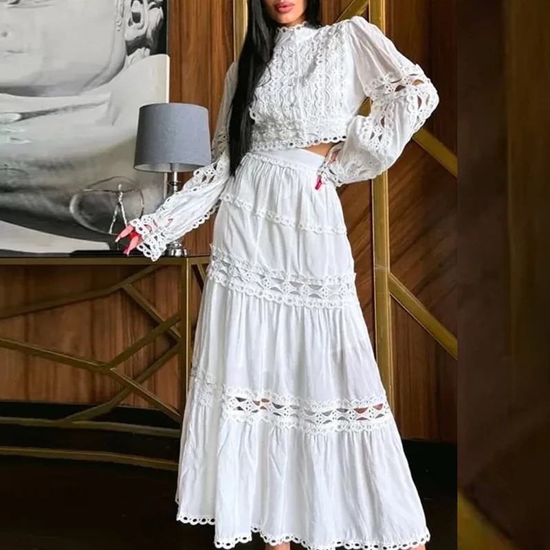 

Fashion Lantern Sleeve Hollow Design Suit Simple Solid Color Pleated Women 2 Piece Set Elegant Lace Patchwork Long Skirt Outfit