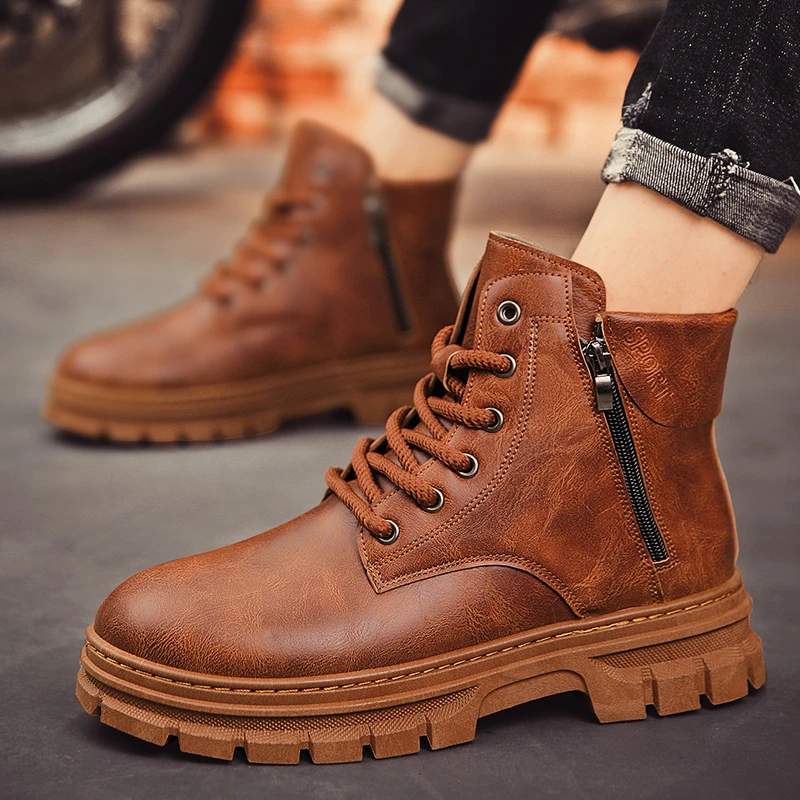 2023 New Shoes for Men Basic Men's Boots Outdoor Ankle Boots Male Turned-over Edge Round Toe Lace Up Platform Side Zip Man Shoes