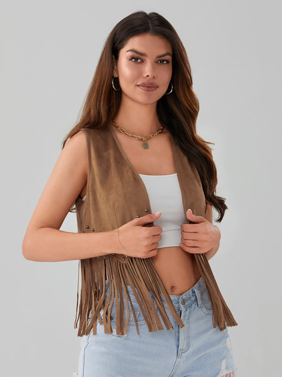 HzDazrl Women Fringe Vest Open Front Rivets Tassel Sleeveless Vest Coat Vintage Cowgirl Hippie Casual Jacket Outwear