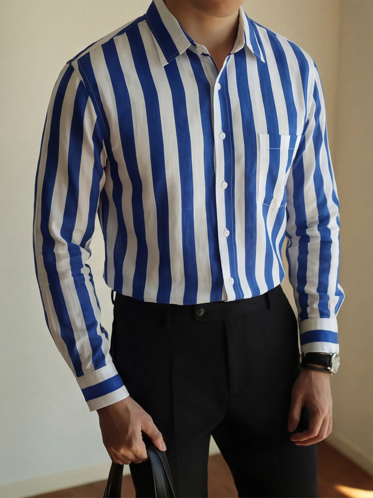 

Blue White Stripes Men's Long Sleeve Cotton Shirt Thin Breathable Sun Protection Spring Outerwear Casual Loose Fit Shirt