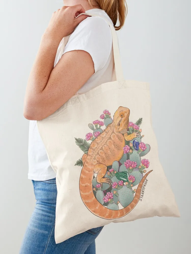 

Bearded Dragon with Blooming Opuntia Cactus and Boston Ferns with Crystals Tote Bag shopper bags sacs de shopping Women's bags