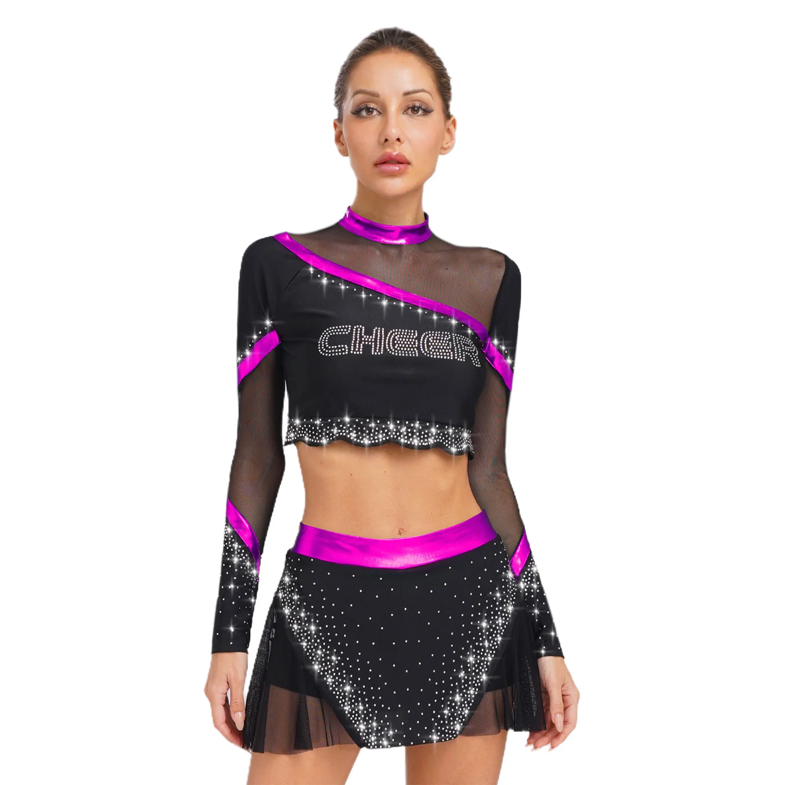 

Womens Adult Charming Cheerleader Dance Costume Set Cheerleading Uniform Crop Top with Mini Pleated Skirt Cheer Dance Outfits