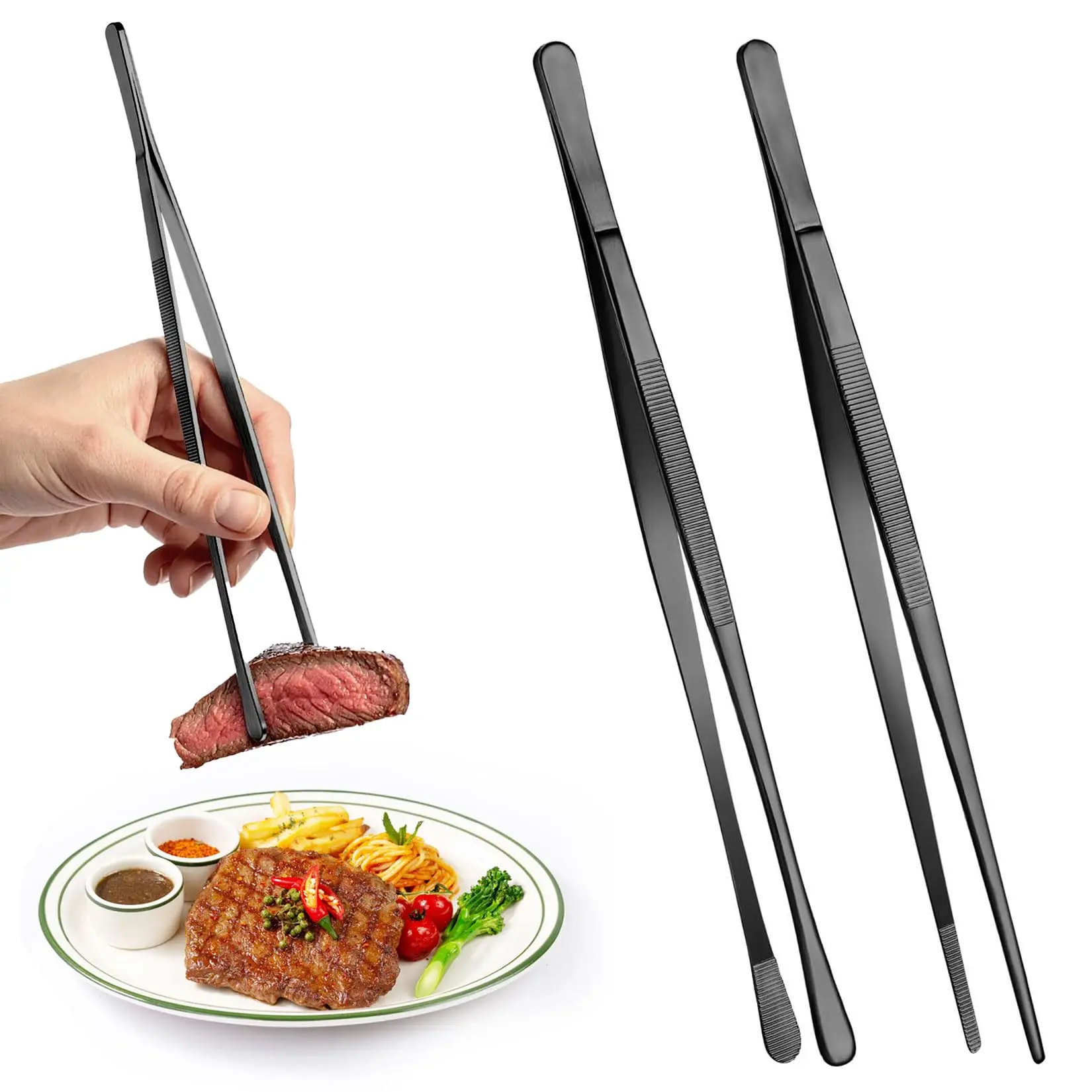 2er-Pack 30 cm große Kochpinzetten aus schwarzem Edelstahl – zum Grillen, Grillen und Servieren