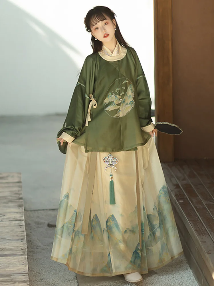 Original hanfu female green bright round collar robe horse face skirt print fresh daily spring and summer