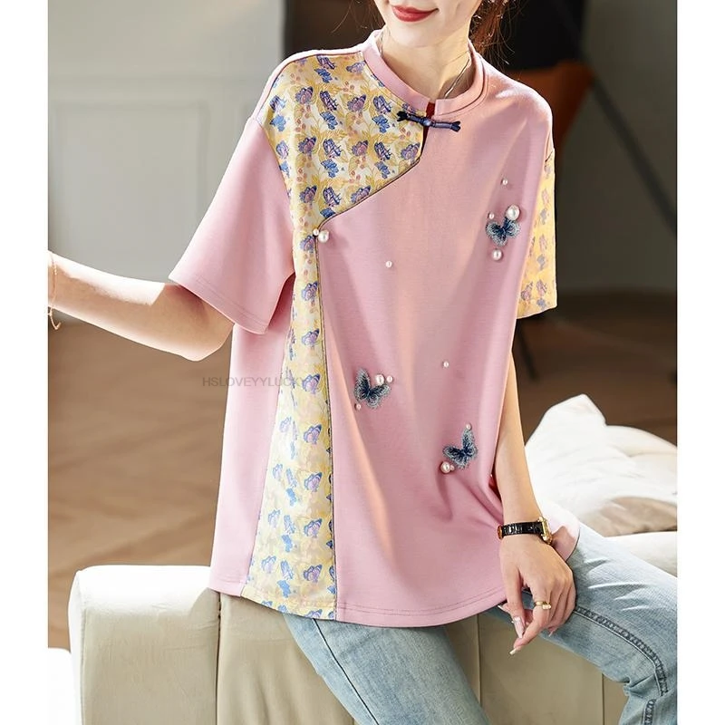 Chinese Jacquard Patchwork Short Sleeve Floral T-shirt National Style Versatile Casual women's Clothing Imrpoved Qipao Blouse