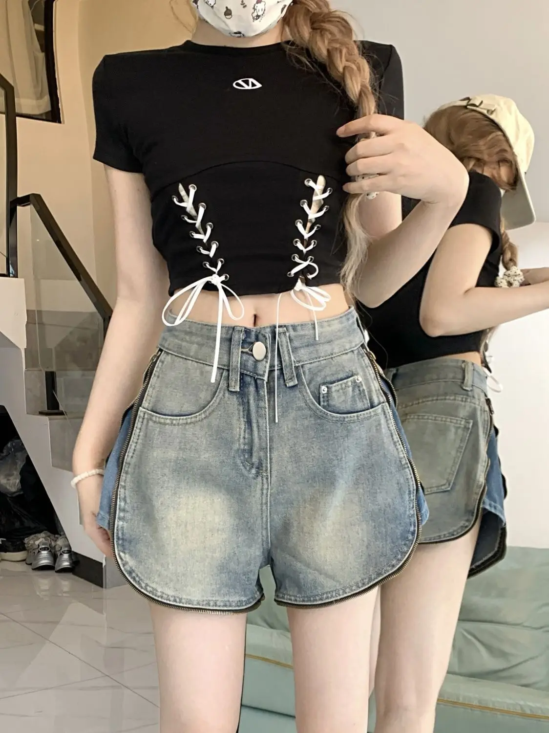 Denim Shorts Side Zipper Design High-Waisted American Retro Women'S 2024 Summer New Hot Girl Loose Versatile Pants