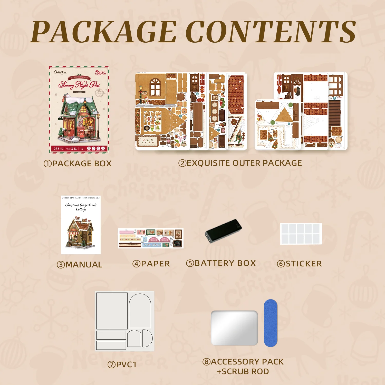 Original CUTEBEE Christmas DIY Miniature Dollhouse Kit Gift for Adults 1:18 Gingerbread House 3D Puzzles Model Building Set