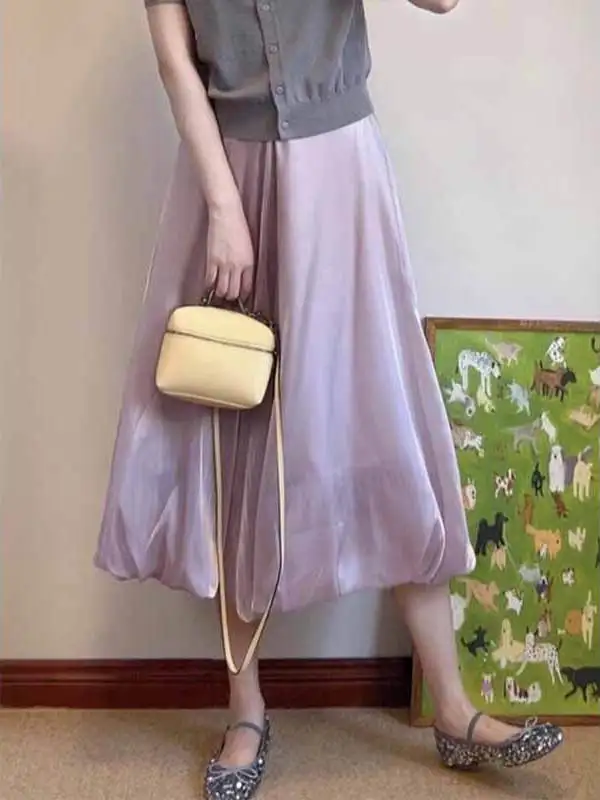 Pure Desire Light Purple Glowing A-Line Midi Skirt Women's Summer 2025 New Fairy Sle Flower Bud Long Skirt High Waist