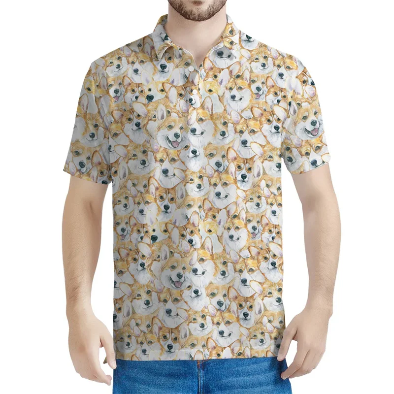 Cartoon Corgi Dog Graphic Polo Shirt For Men Summer 3D Printed Pets Animal Tee Shirts Button Short Sleeves Street Lapel T-Shirts