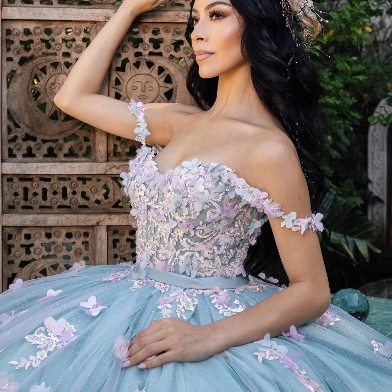 Vestidos de quinceañera con escote corazón mexicano, apliques florales 3D hechos a mano, lazo, Princesa de cumpleaños, Vestidos de baile formales XV, azul cielo