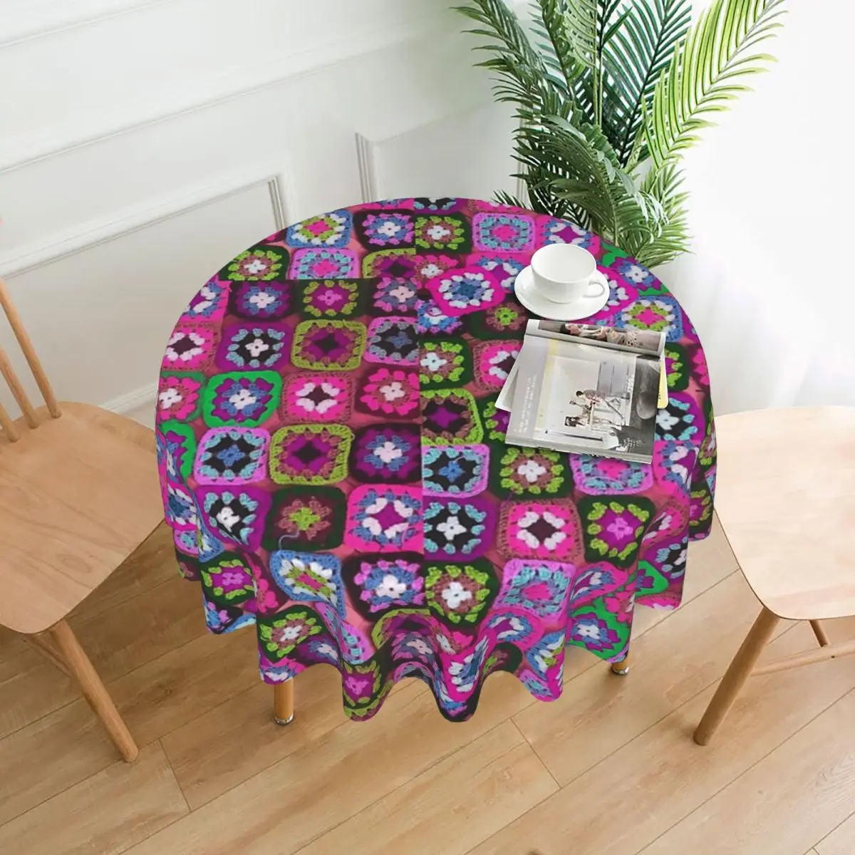 Crochet Blanket Granny Square Vintage Waterproof Round Tablecloth Oilproof Table Cloth for Kitchen Dining Table Cover 60 inch