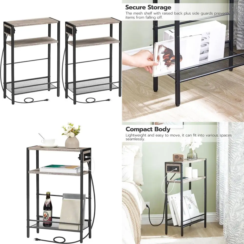 

Компактные прикроватные тумбочки с двойной зарядной станцией, ультратонкие приставные столики с USB-портами для ограниченных пространств, тумбочки с полками для хранения BG10