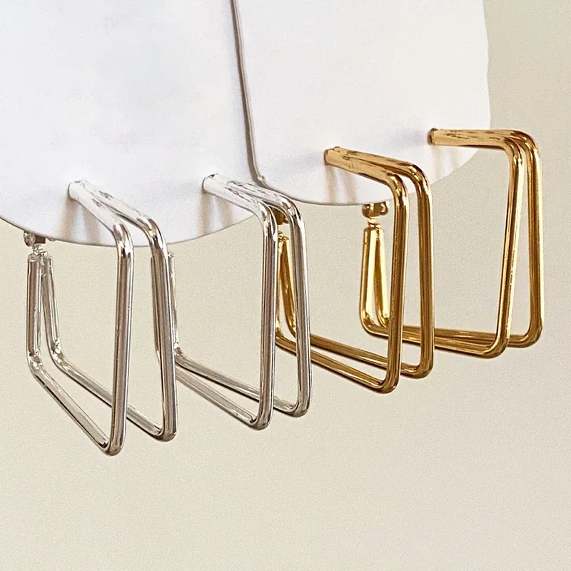 

Real 925 Sterling Silver 18K Gold Double Layered Square Hoop Earrings for Women Minimalist Fine Jewelry Trendy Accessories