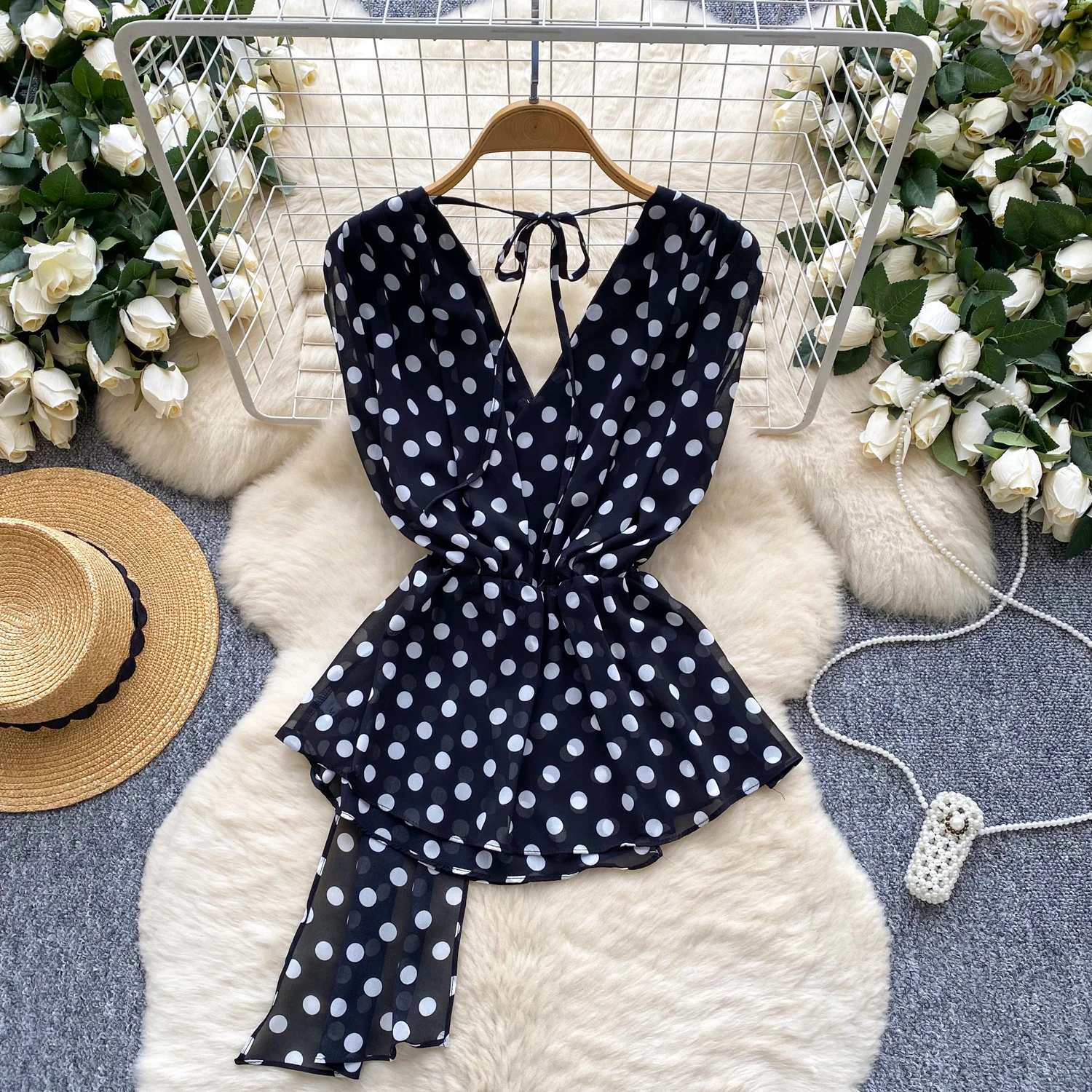 빈티지 블라우스 민소매 폴카 도트 쉬폰 슬림 우아한 패션 섹시한 여성 셔츠 여성 의류