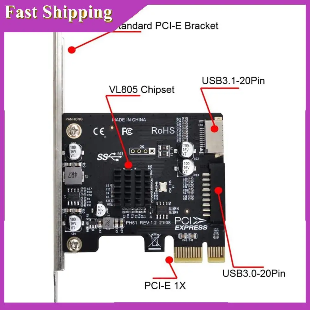 

ABRI-VL805 Motherboard Adapter 5Gbps Type E USB 3.1 Front Panel Female & USB 2.0 To PCI-E 1X Express Card