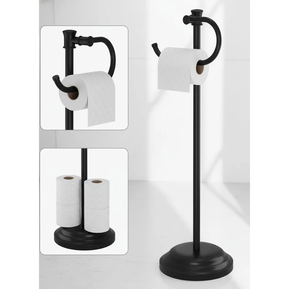 

Free Standing Toilet Paper Holder with Storage & Towel Bar - Matte Black Stainless Steel Bathroom Organizer
