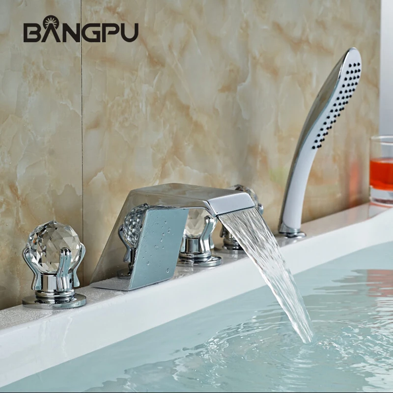 Ensemble de robinets de baignoire cascade modernes avec pulvérisateur, montage sur pont, ensemble de robinets de baignoire à 5 trous, robinet de baignoire romaine avec douchette à main chromé