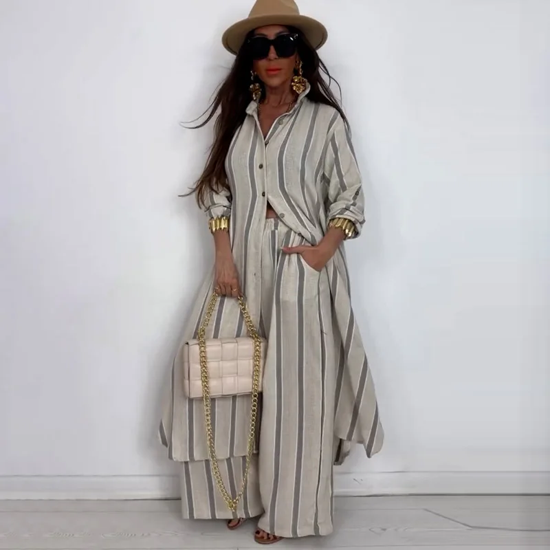 Muslim Women 2 Piece Set Striped Shirt Top Wide Leg Pants Suit Single Breasted Pockets Trousers Outfits 2025 Autumn Ensemble