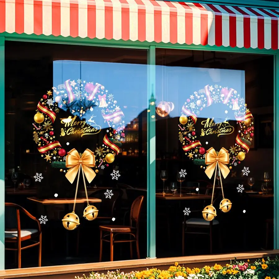 Christmas Wreath Static Window Cling 45x60cm Golden Bow Bell Snowflake Window Sticker Removable No Residue Merry Xmas Glass Deca