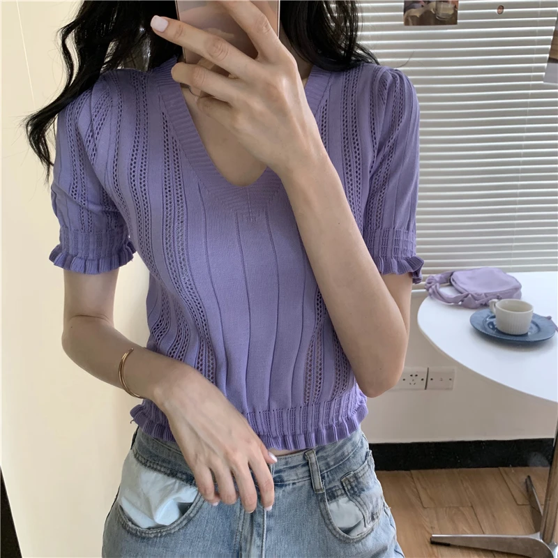 Haut court en tricot à froufrous pour femmes, pulls à col en V à manches courtes, tenue esthétique pour adolescentes, Y-été, Y2K
