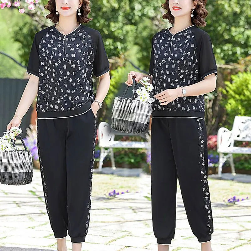 Casual Letter Printing Matching Sets O-Neck Summer Two Piece Set Women's Clothing Short Sleeve Chic Spliced Cropped Pants Sets