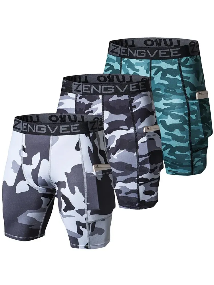 ZengVee 3pcs Men\'s Camo Compression Shorts with Pocket - Perfect ForGym, Swimming, Yoga, Climbing, Cycling, and Running