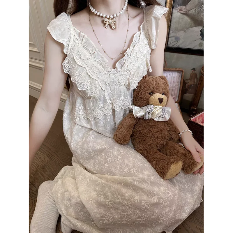 Lace Sleepwear Woman Sleeveless Nightgown Korean Night Dress Summer One Piece Pajamas Dress Ruffles V-neck Night Wears 2024 New