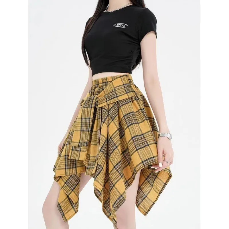 Statement Irregular Grid Plaid High-Waist Skirt, Bow Tie Knot Asymmetric Raw Hem Casual Sporty Midi Skirt S-XXL