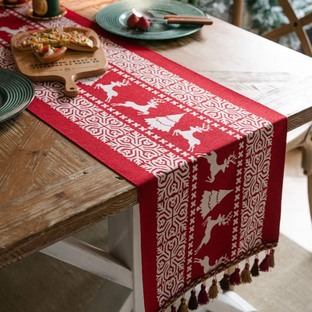 عيد الميلاد اللون المنسوجة الجاكار الجدول عداء النمط الأمريكي الرجعية عيد الميلاد مطعم الديكور مهدب طاولة القهوة المسار #3