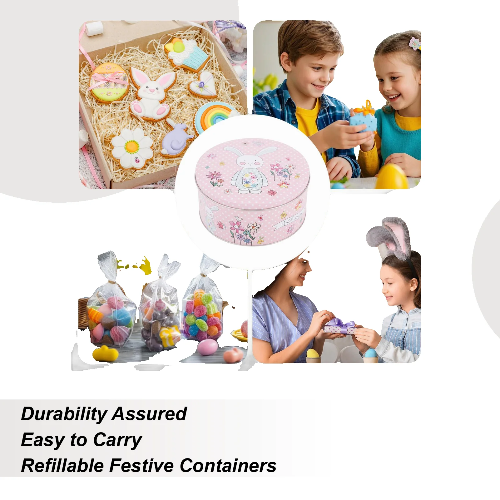 Cookie Tins With Lids Easter Bunny Metal Storage Container Round Biscuits Storage Box For Kids Adults Home Festival Themed Party