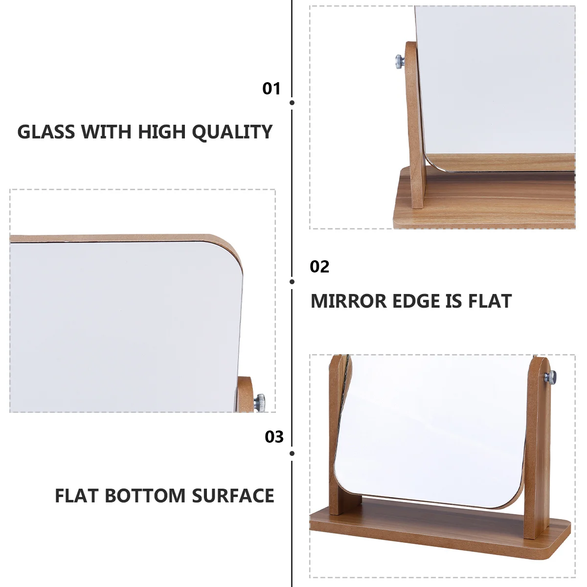 데스크탑 메이크업 거울 나무 프레임 사각형 거울 휴대용 세련된 투명 유리 가정용 침실 욕실 테이블 장식용
