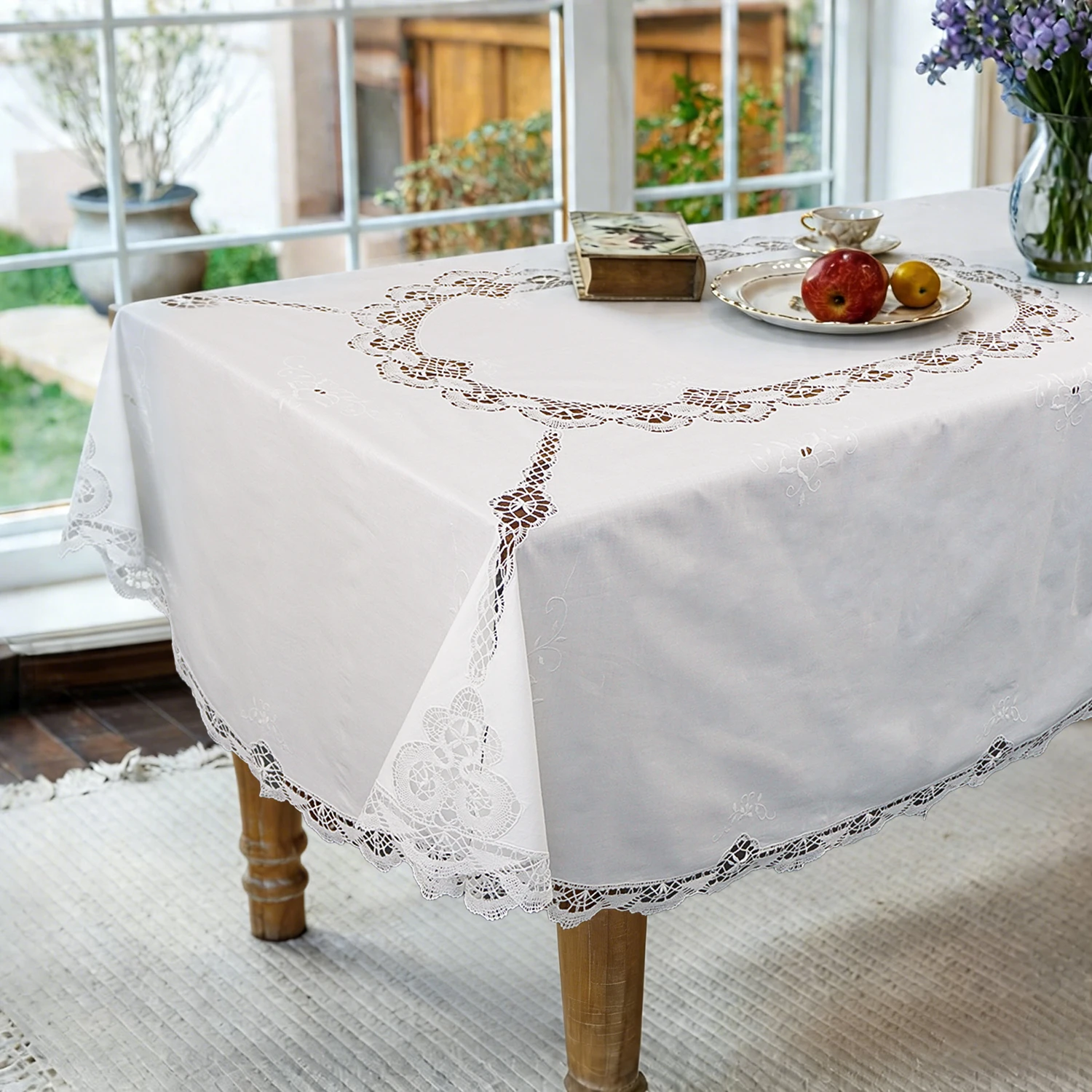 Vintage Baumwoll-Leinen Tischdecke mit Handgemachter Häkelspitze Elegante Bestickte Cutwork-Tischdecke Dekoration für Esszimmer Hochzeit – Detail 2
