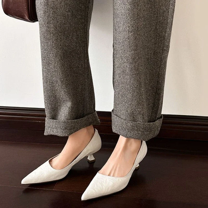 NEW Spring/Autumn Women Pumps Genuine Leather Shoes Women Pointed Toe Thin Heel Shoes Slip-on Shallow High Heels Handmade Shoes