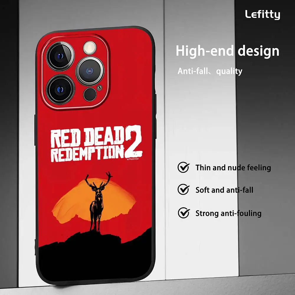 حافظة هاتف رائعة R-RDR2 لهاتف آيفون 16 15 14 13 برو ماكس بلس ميني أسود بلوري ناعم شل فوندا