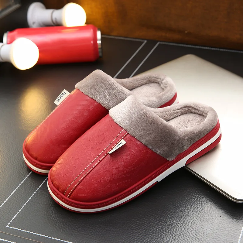 Leather Slippers Men\'s Winter Warm Home Couple\'s Indoor Non-slip Cotton Slippers Women\'s Pu Leather Waterproof Thick Slippers