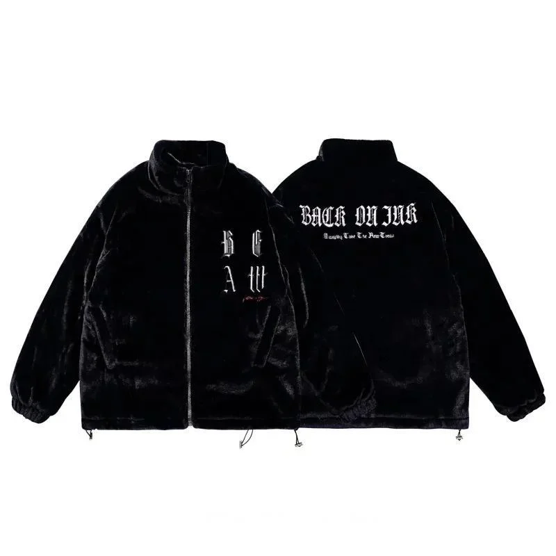 

Меховая флисовая куртка в стиле хип-хоп с воротником-стойкой и вышивкой, мужская зимняя повседневная утолщенная куртка унисекс, уличная одежда из искусственной норки