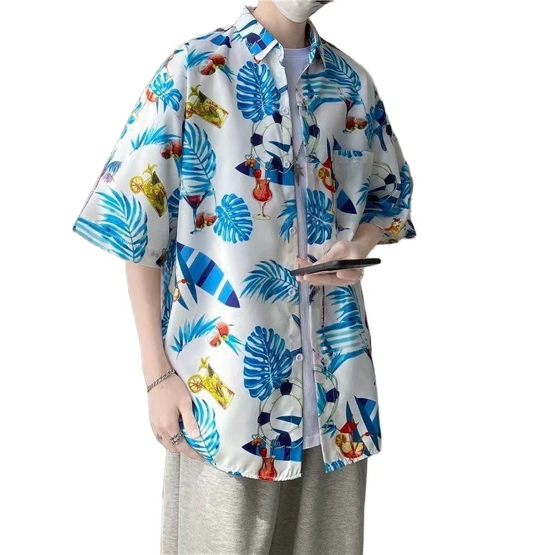 Summer Men's Retro Short Sleeve Floral Shirt Harajuku Loose Hawaiian Flower Shirt Beach Sun Protection Clothing Half Sleeve Top