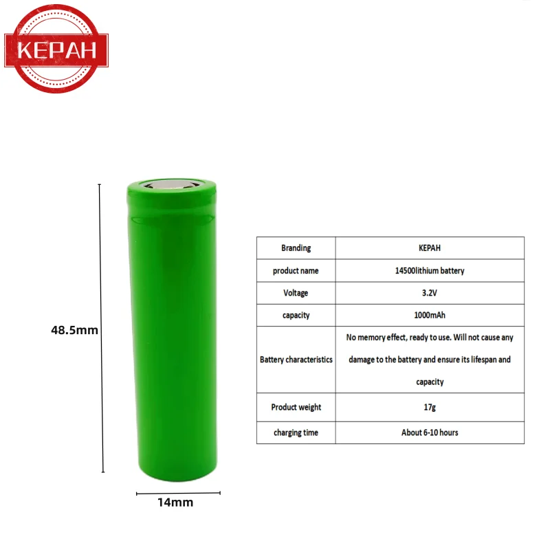 blue 14500 lithium battery, large capacity, high-power 3.2V rechargeable battery, multifunctional and durable 1000mAh,