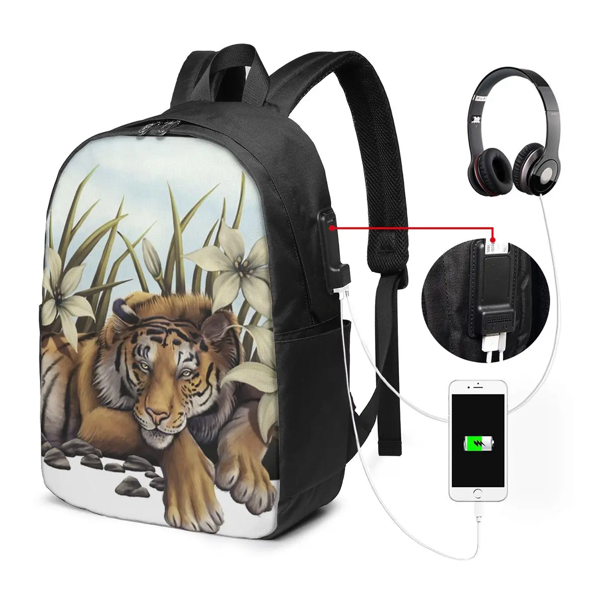 Tiger Lies Down In Flowers Watercolor Art Backpack Travel Notebook Bag Computer College Student School Bag Laptop Shoulder Bags