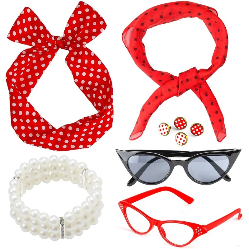 

Euro American 1950s Vintage Party Dress Pointed Corner Cat Eye Glasses Pearl Bracelet Polka Dot Headband Stud Earrings Set