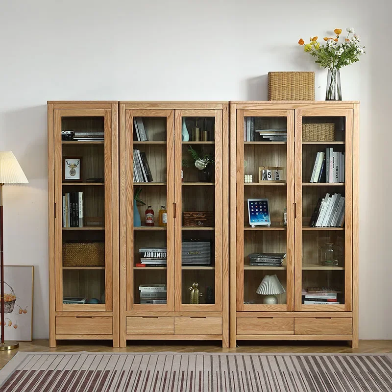 

Wood wax oil all solid wood bookcase red oak bookcase storage double door log glass bookcase pure Nordic