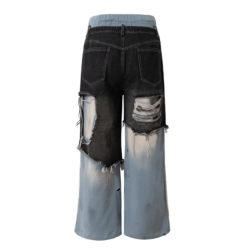 Vintage Hip Hop Casual Jeans Pants Patchwork Harakuju Ripped Loose Denim Trousers For Male Elastic Waist