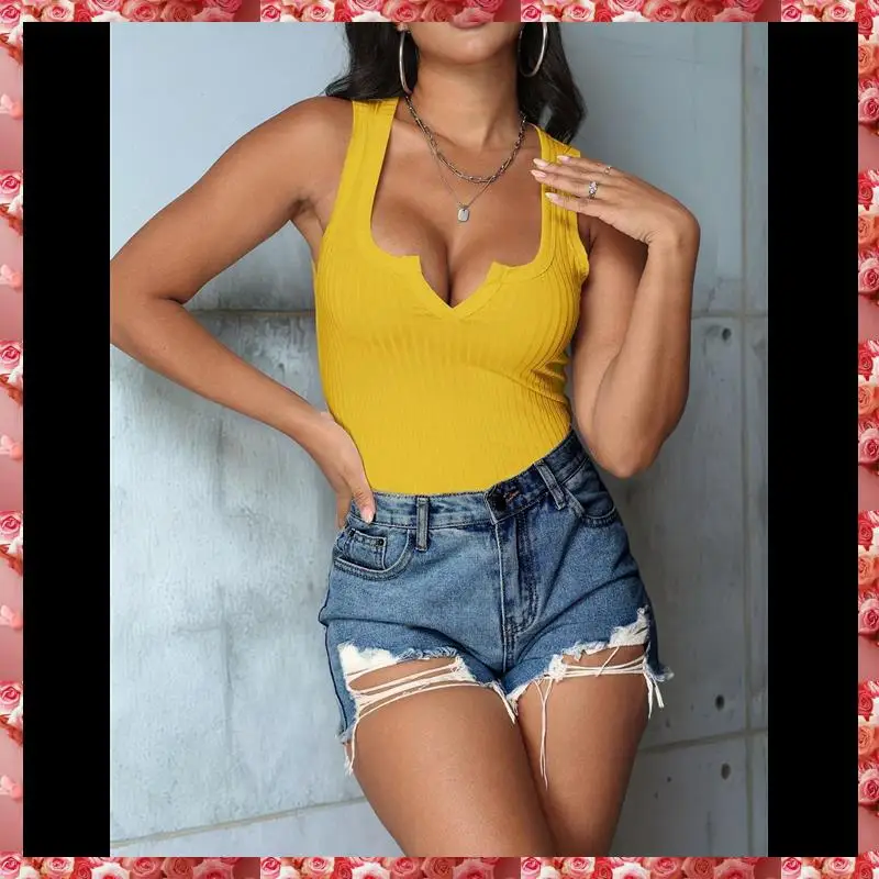Women's Summer Sleeveless Tops Ribbed Knit Notched V Neck Fitted Tank Shirts