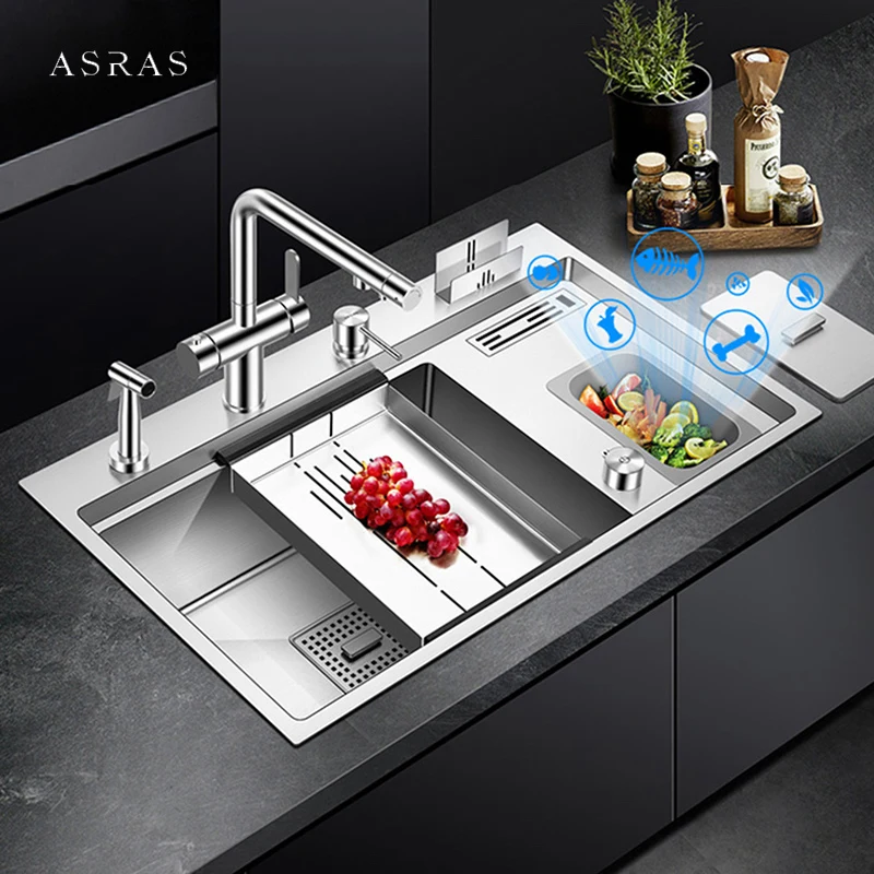 ASRAS New SUS 304 Stainless Steel Handmade Brushed 4 Holes Sink With Knife Holder And Trash Can Above Mount Kitchen Sinks