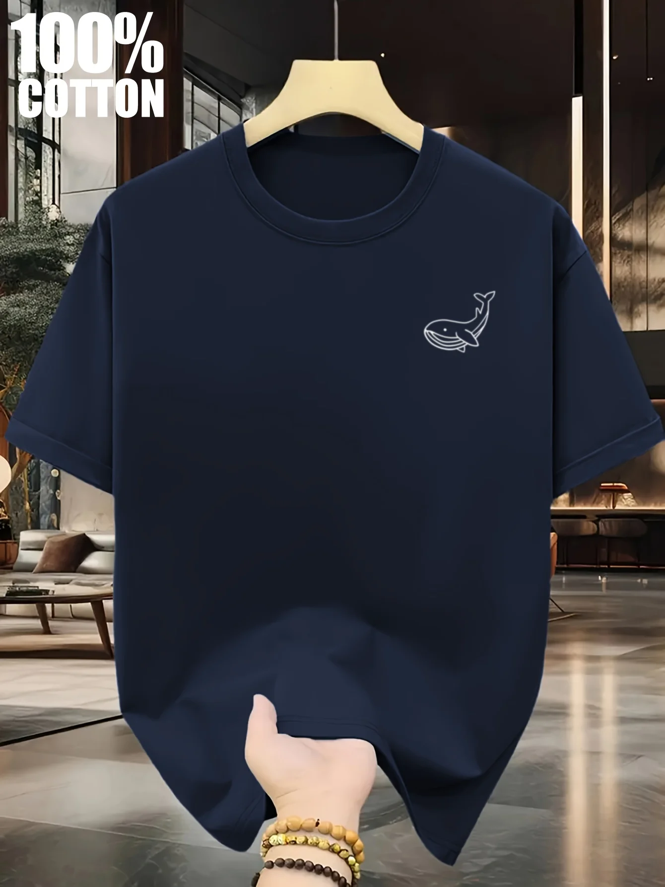 Men's Summer 100 Cotton Fashionable Casual Sports Loose Large Whale Pattern Printed Round Neck Short Sleeve T-shirt Top